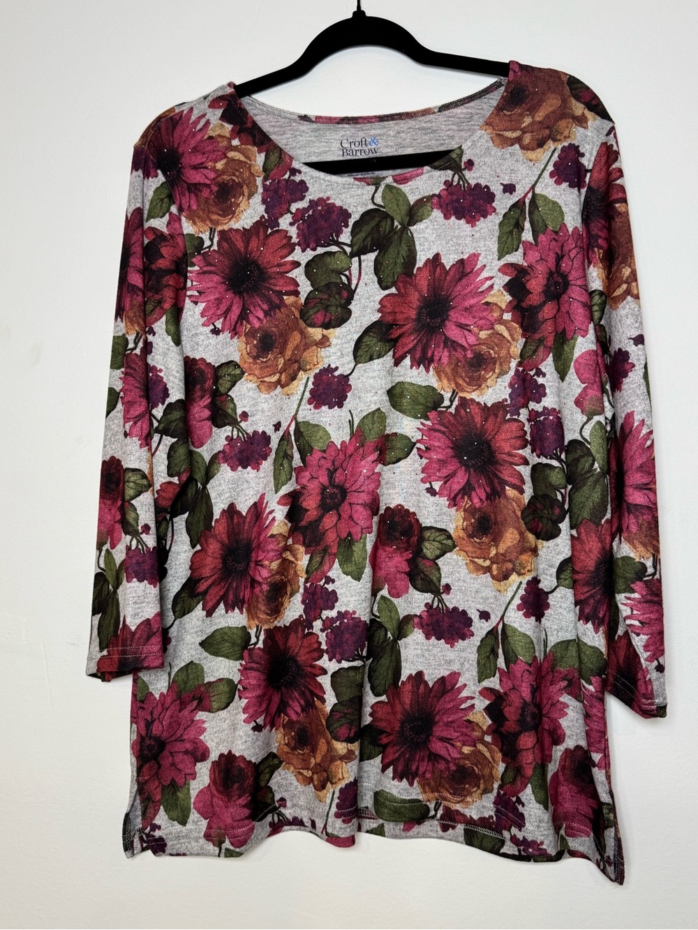 Croft & Barrow Women's Floral Blouse 3/4 Sleeve Floral Print On Gray XL